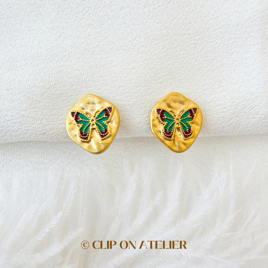Retro Blue Butterfly Gold Clip On Earrings