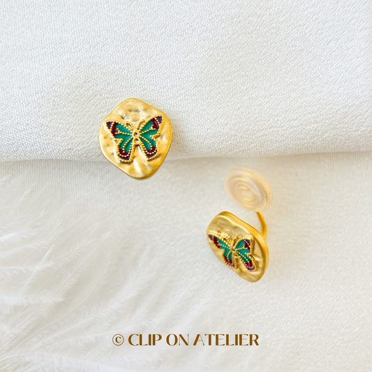 Retro Blue Butterfly Gold Clip On Earrings