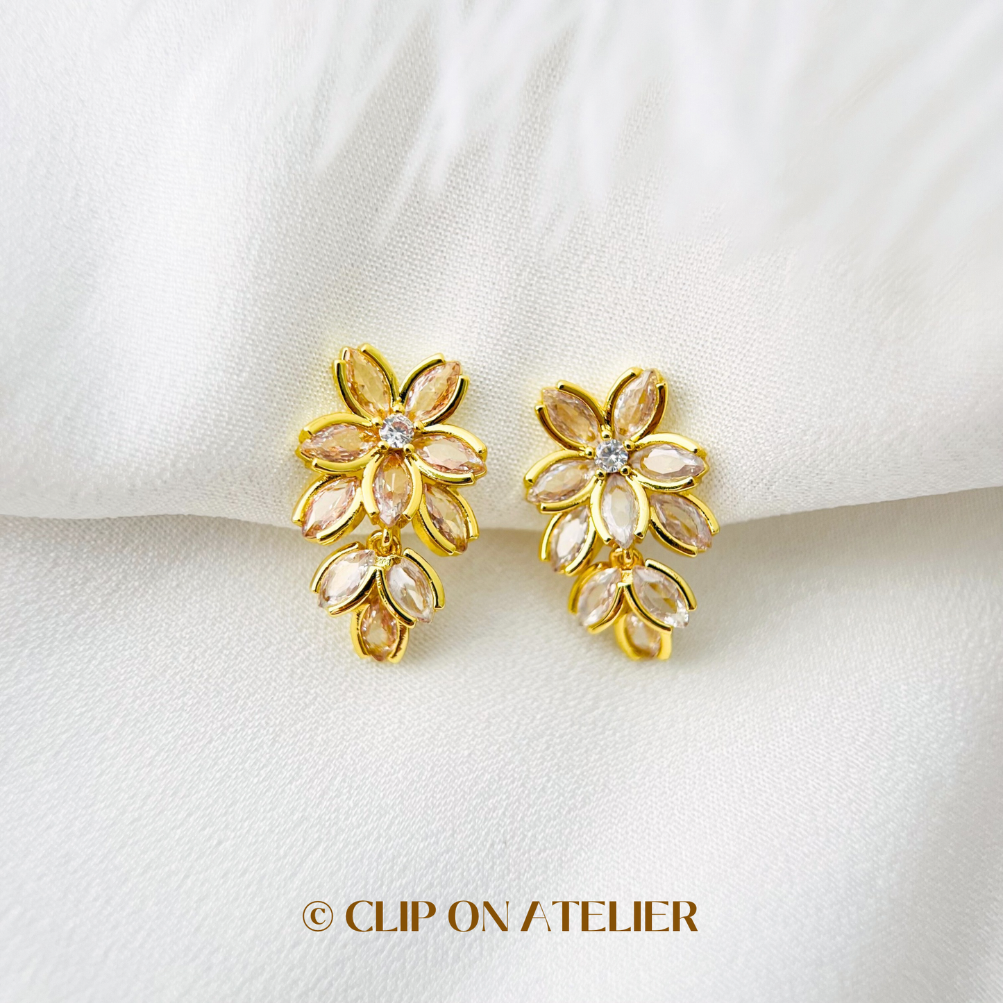 Luxe Diamond Flower Dangle Clip On Earrings