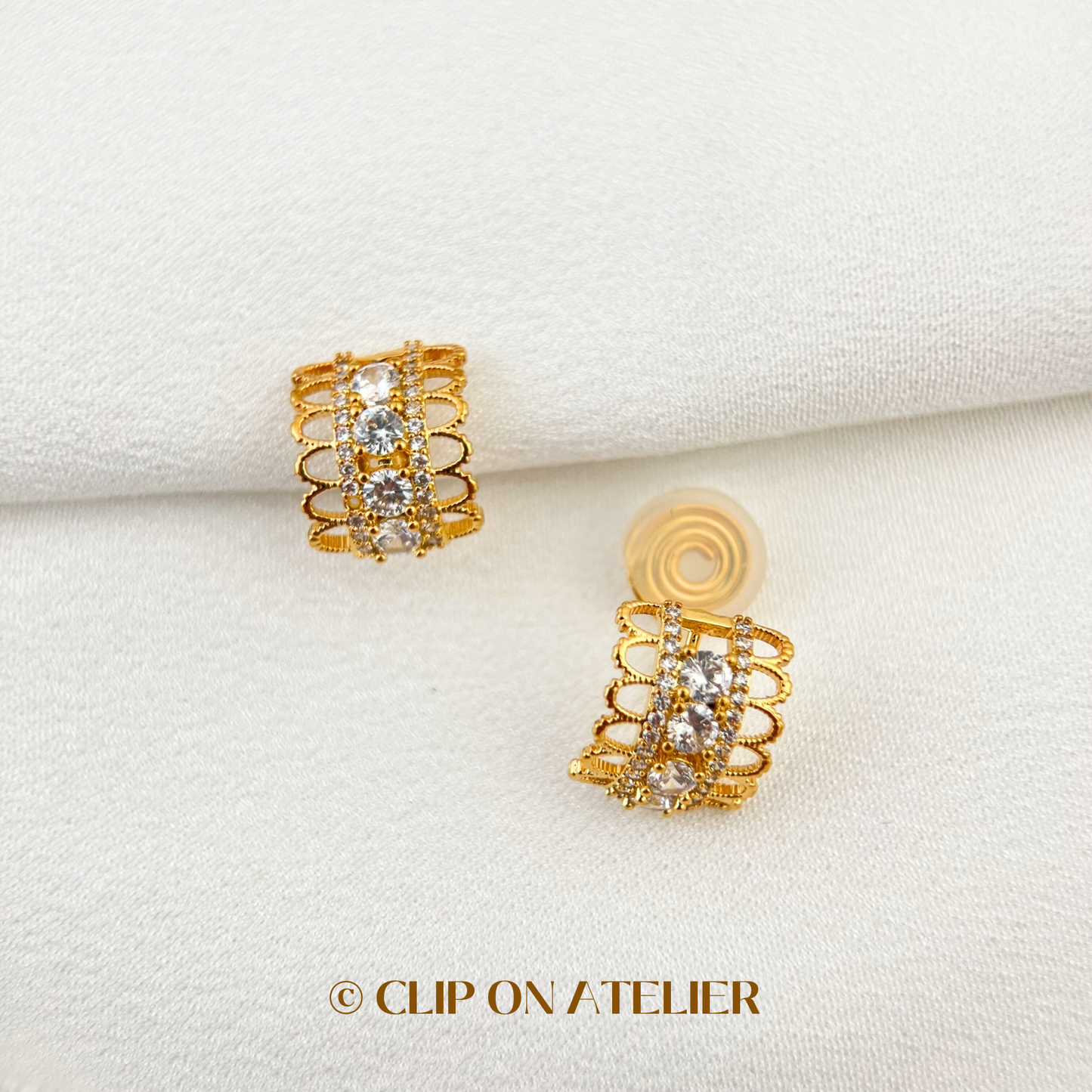 Gold / Silver Lace CZ Diamond Half Hoop Clip On Earrings
