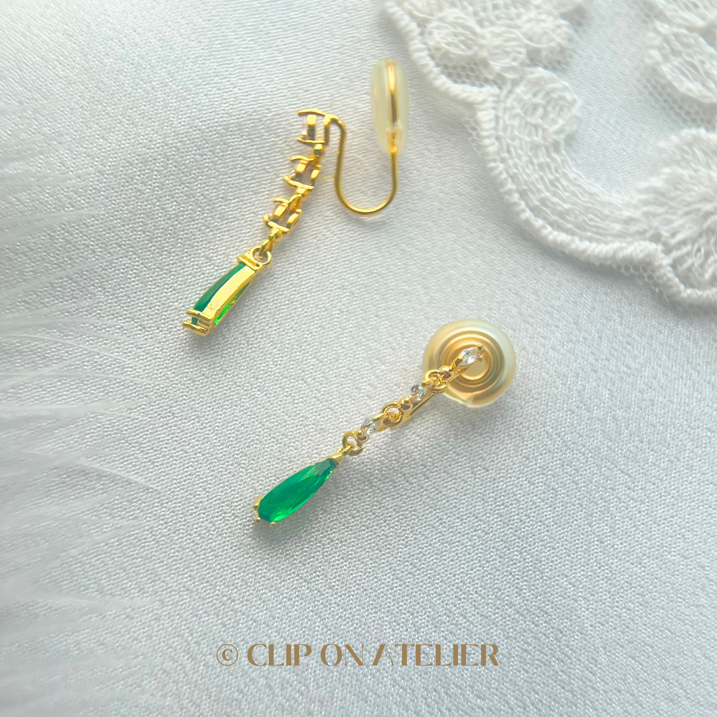Green Emerald CZ Diamond Drop Clip On Earrings