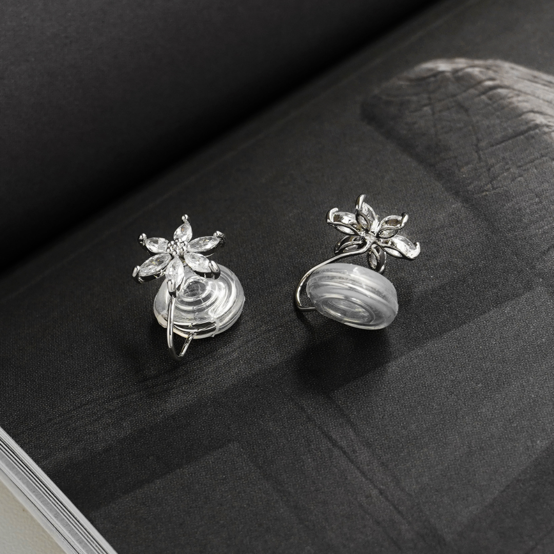 Dainty CZ Diamond Flower Clip On Earrings | Silver