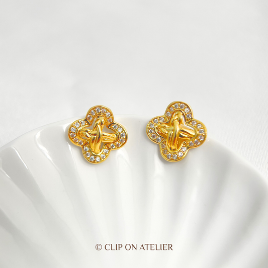 Dainty Gold Diamond Clover Clip On Earrings