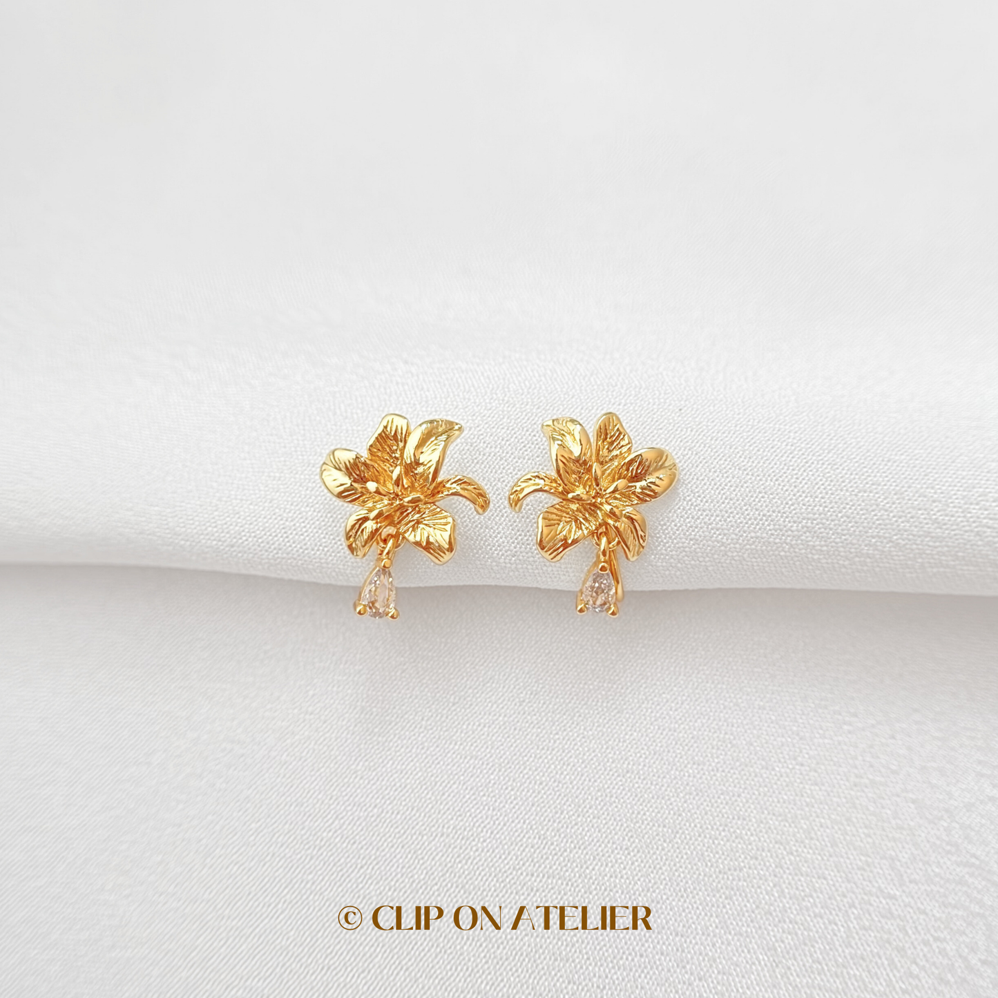 Dainty Gold Flower CZ Diamond Clip On Earrings
