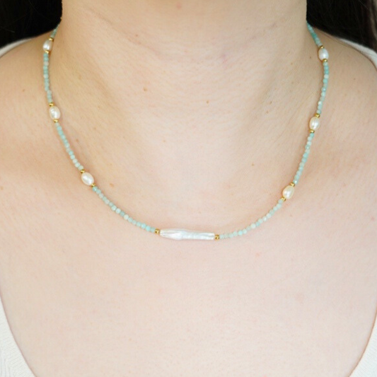Minimalist Amazonite Natural Baroque Pearl Necklace