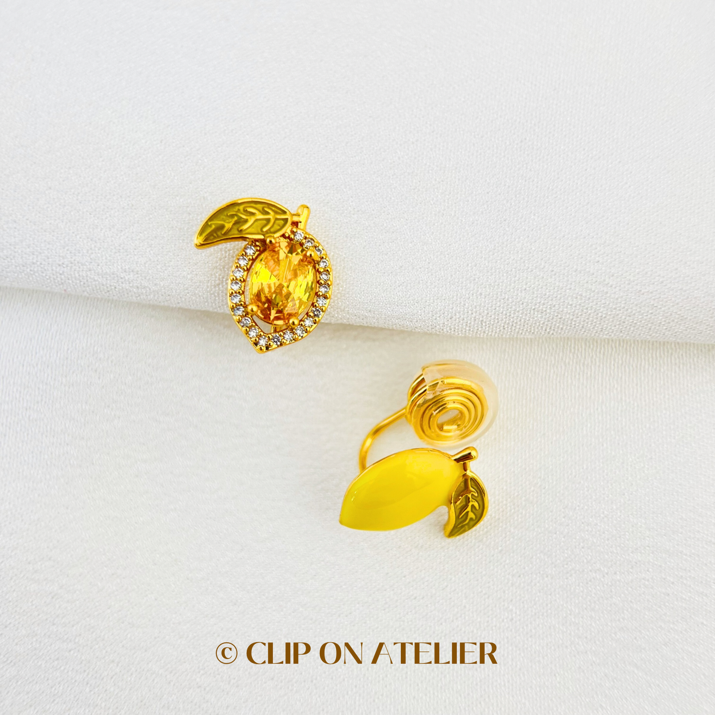Mismatched Lemon CZ Diamonds Gold Clip On Earrings