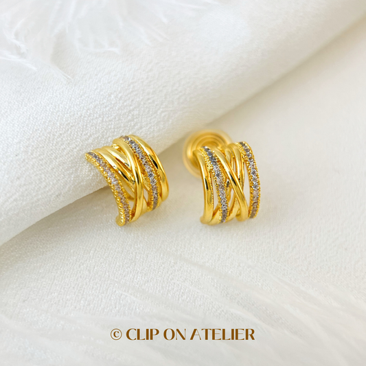 Gold Statement CZ Diamond Half Hoop Clip On Earrings
