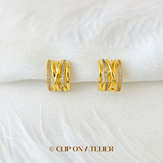 Gold Statement CZ Diamond Half Hoop Clip On Earrings