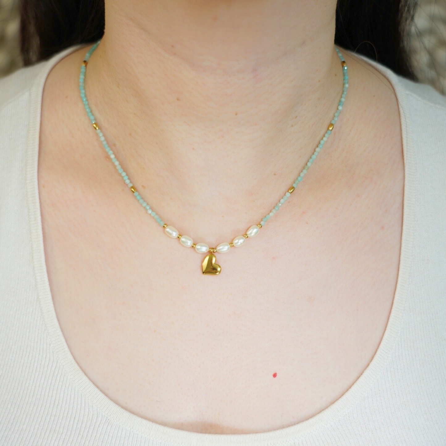 Amazonite Natural Pearl with Love Pendant Necklace