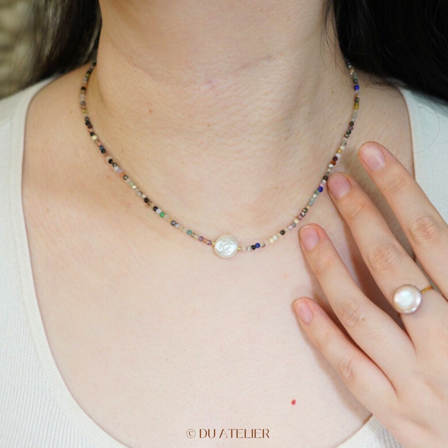 Freshwater Baroque Button Pearl with Multiple Gemstone Necklace