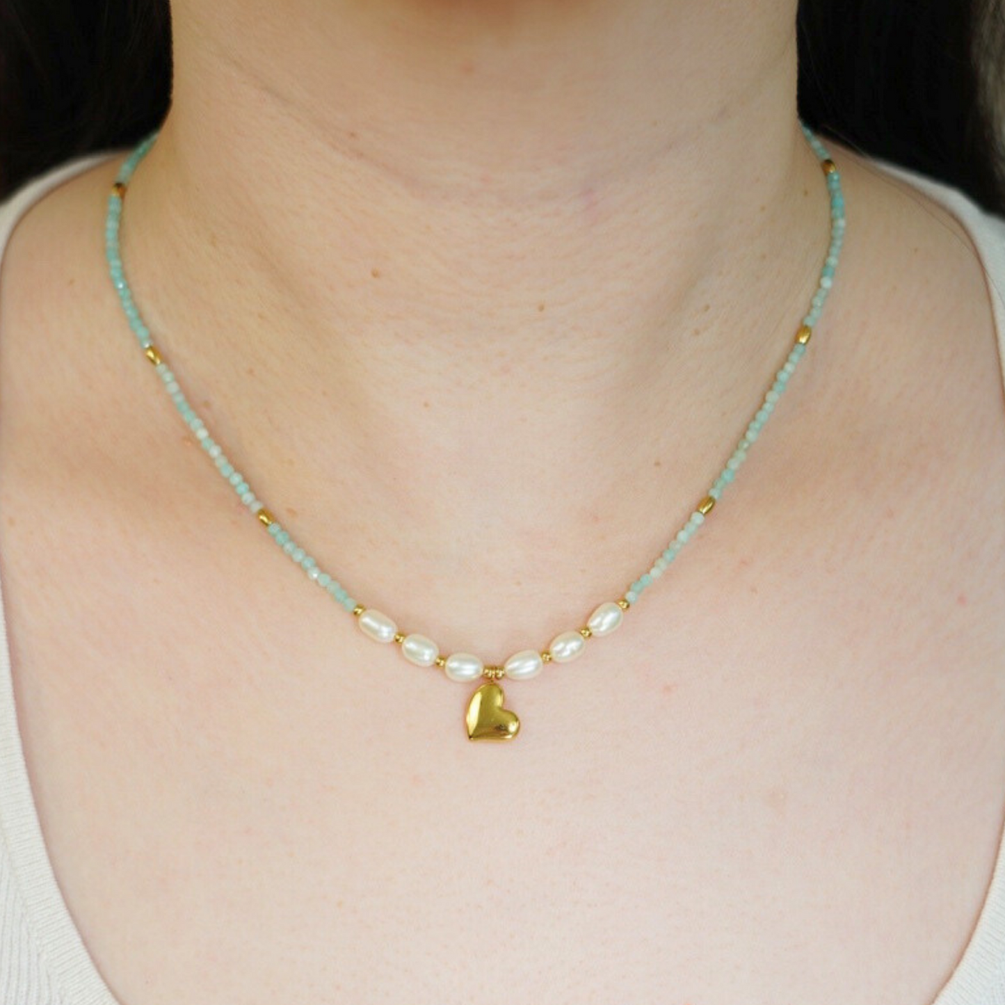 Amazonite Natural Pearl with Love Pendant Necklace