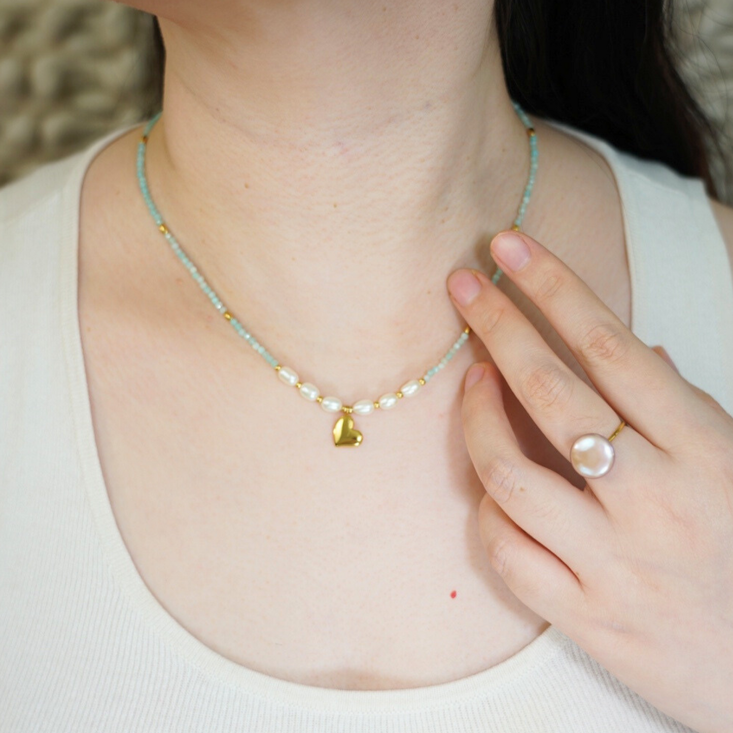 Amazonite Natural Pearl with Love Pendant Necklace