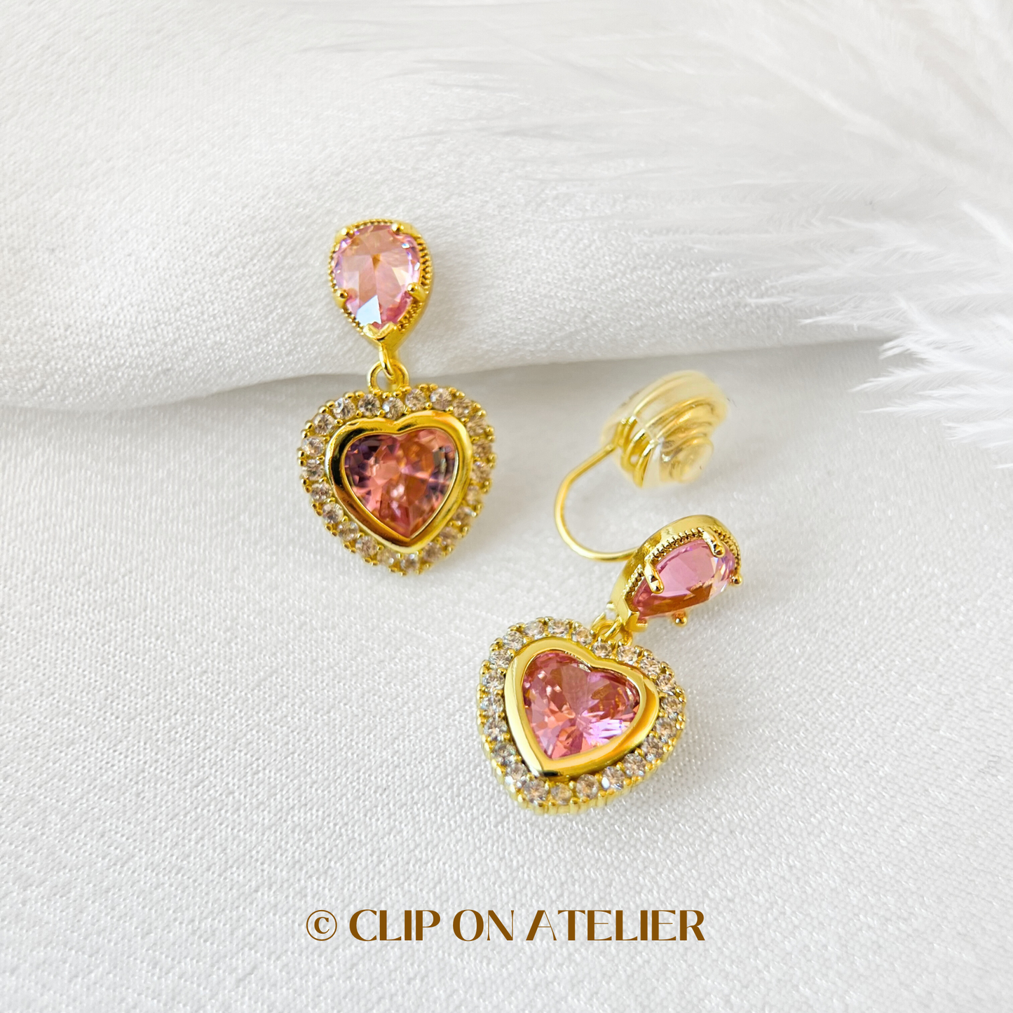 Luxe Large Pink Diamond Heart Dangle Clip On Earrings