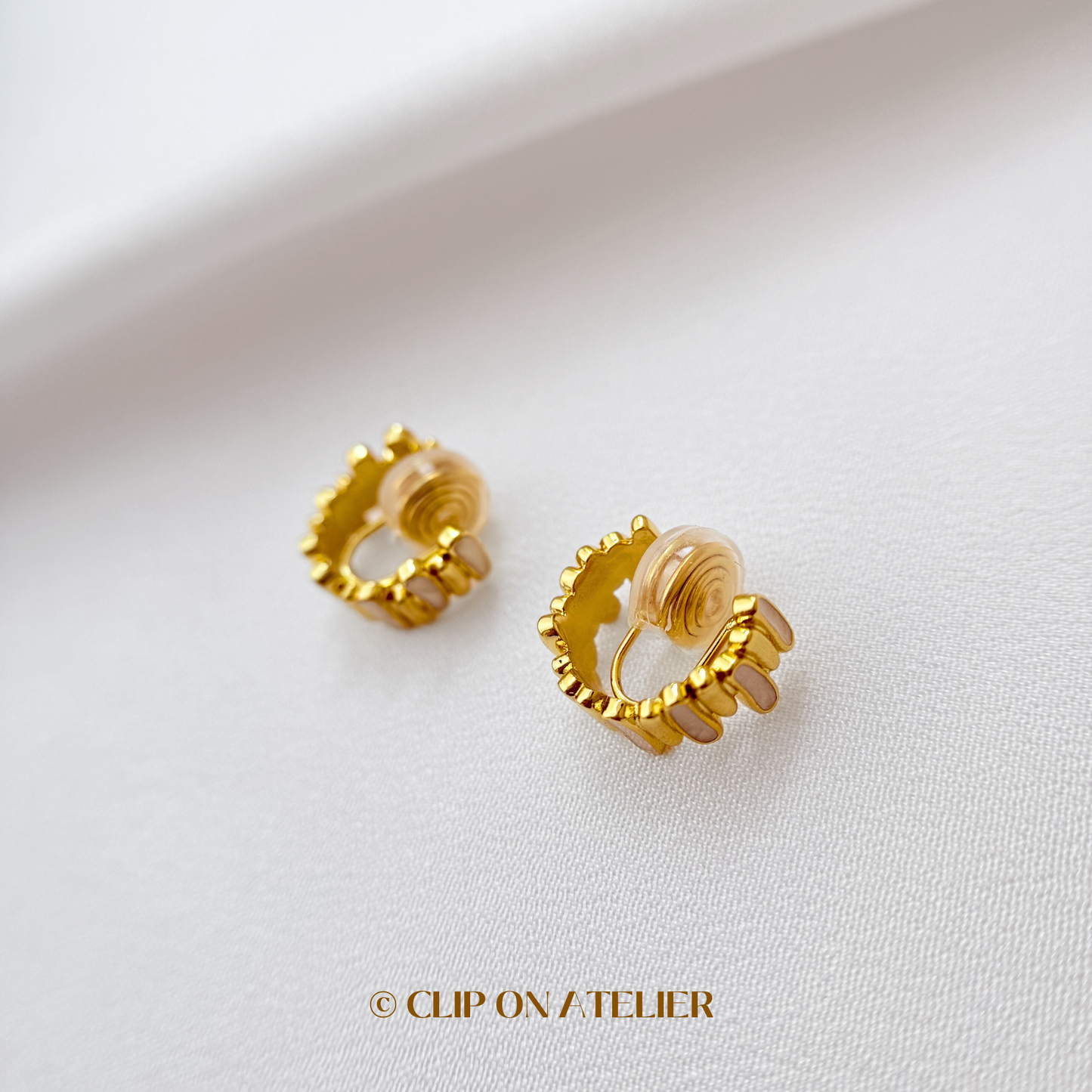 Artistic White Enamel Gold Hoop Clip On Earrings
