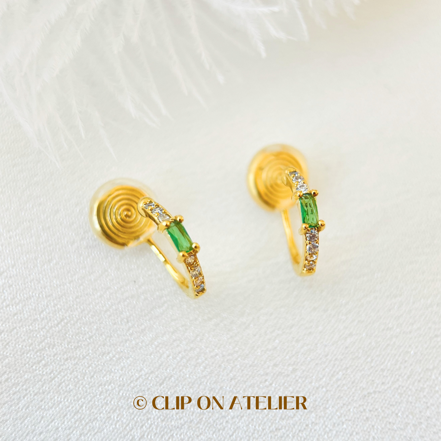 Dainty Gold Hoop Emerald Clip On Earrings