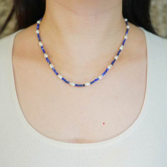 Natural Baroque Teardrop Shaped Pearl with Lapis Lazuli Necklace