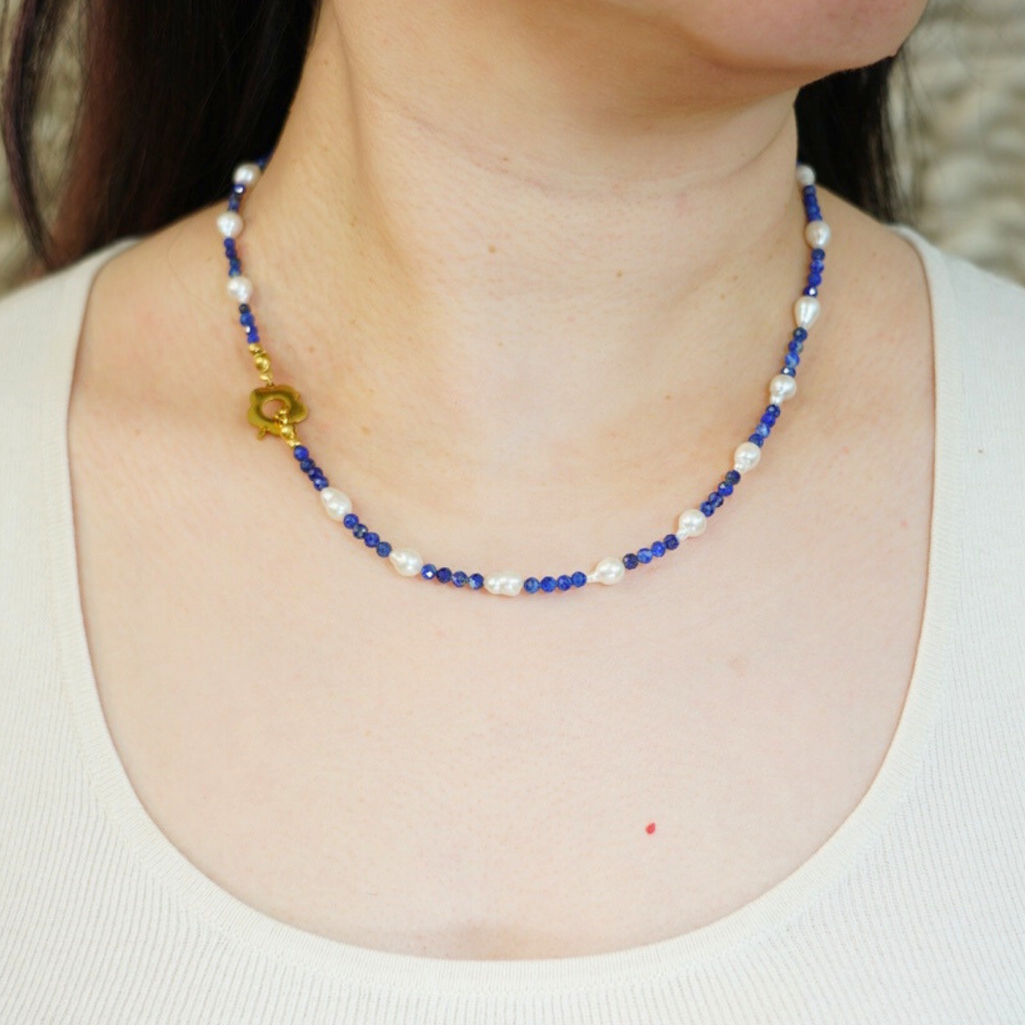 Natural Baroque Teardrop Shaped Pearl with Lapis Lazuli Necklace