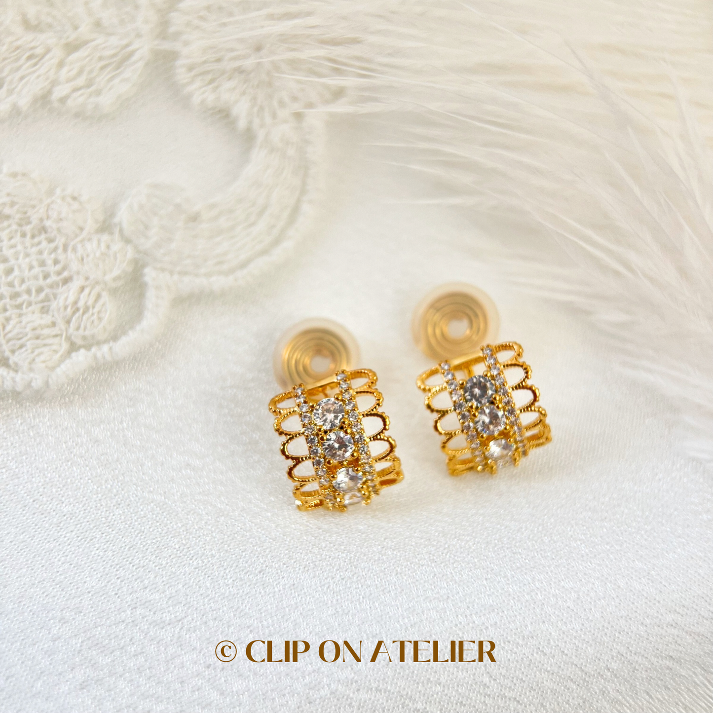 Gold / Silver Lace CZ Diamond Half Hoop Clip On Earrings