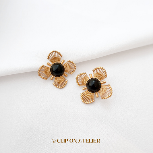 Statement Gold Flower Clip on Earrings