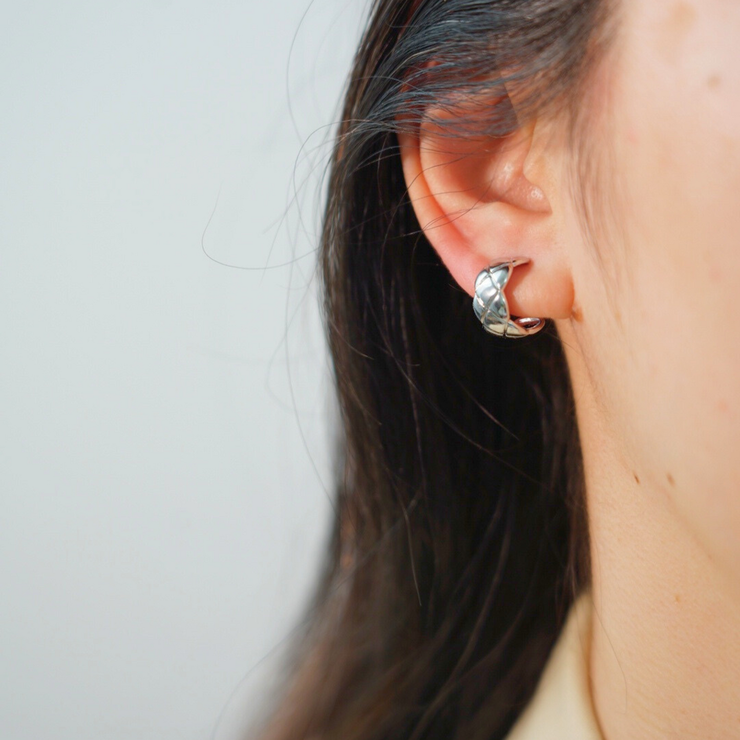 Plaid Hoop Clip On Earrings, Gold & Silver