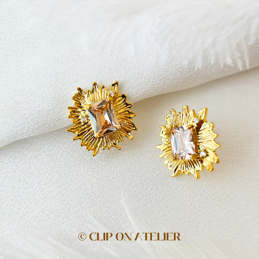 Luxe Statement Gold Sunburst w. Nude Pink CZ Diamond Clip On Earrings