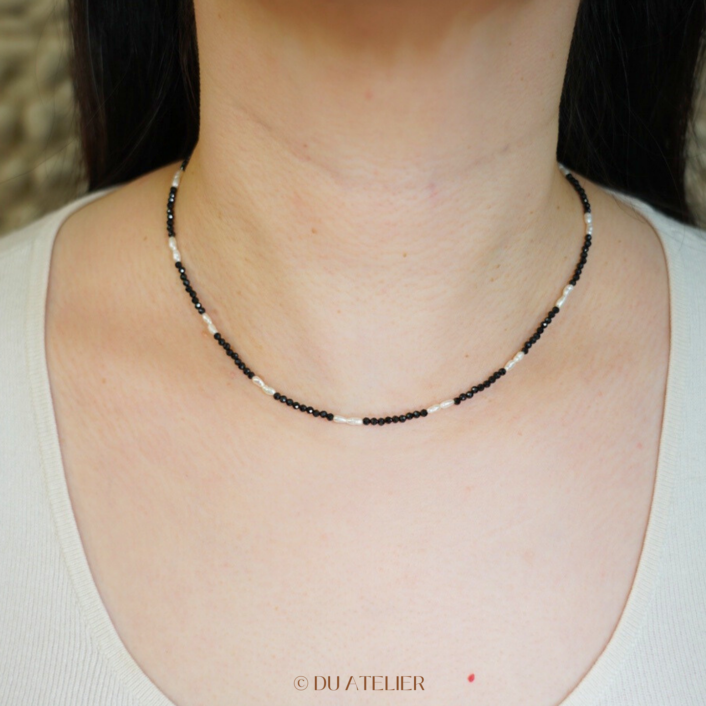 Natural Keshi Pearl with Black Spinel Necklace