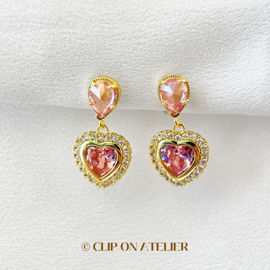 Luxe Large Pink Diamond Heart Dangle Clip On Earrings