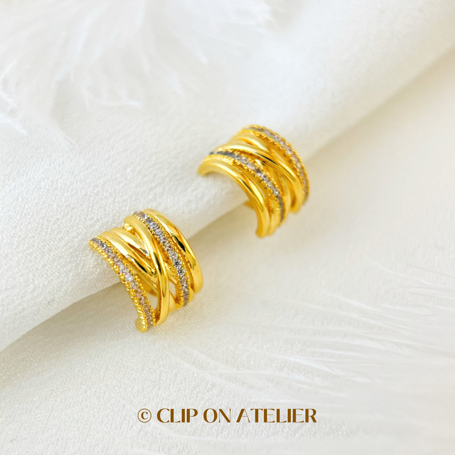 Gold Statement CZ Diamond Half Hoop Clip On Earrings