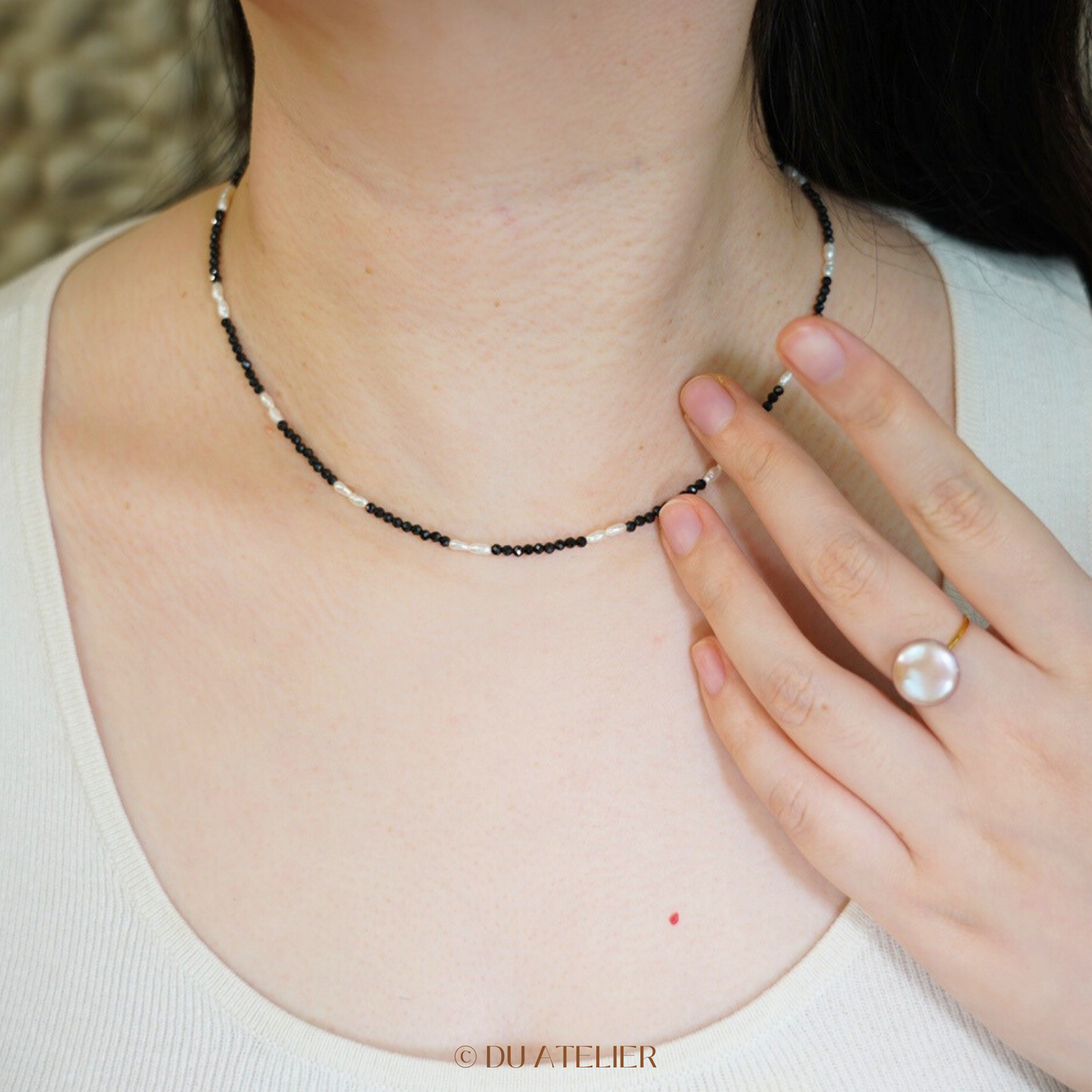 Natural Keshi Pearl with Black Spinel Necklace