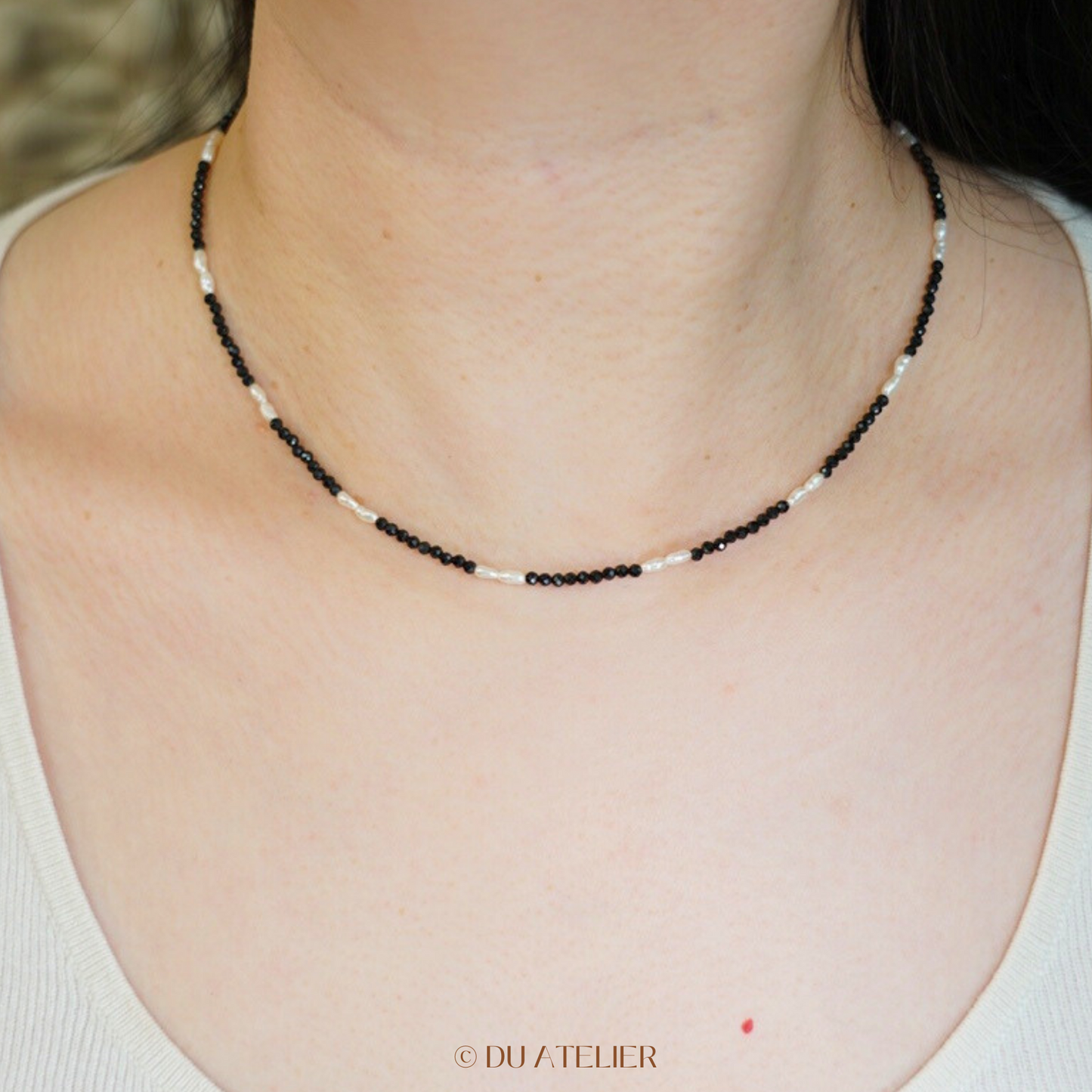 Natural Keshi Pearl with Black Spinel Necklace