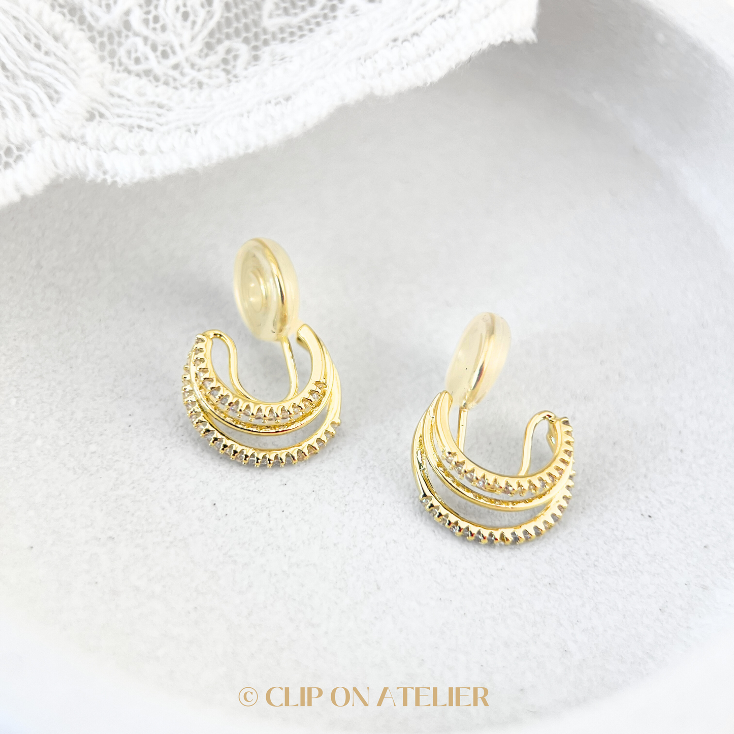 Gold Claw Triple Hoops & CZ Diamonds Clip on Earrings