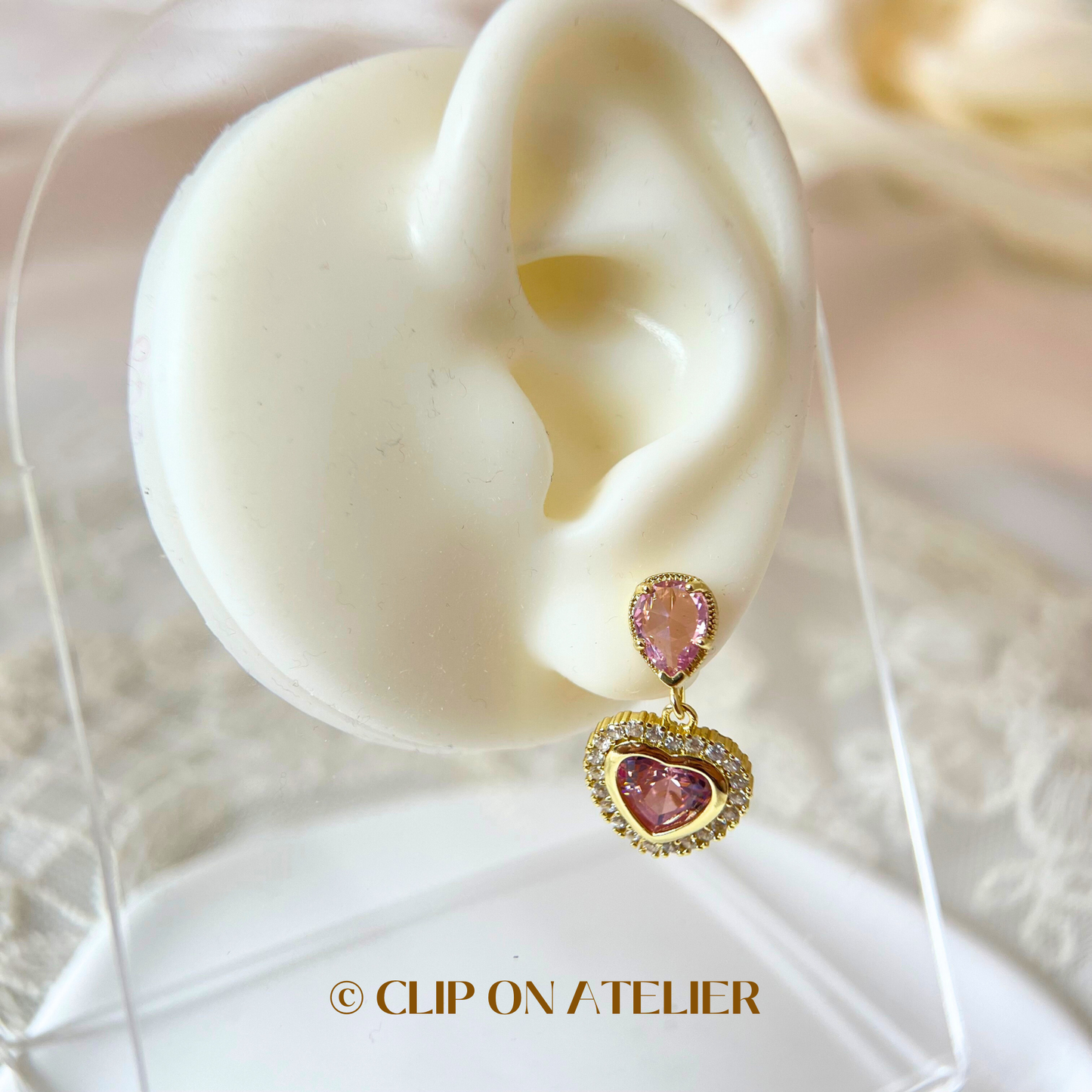 Luxe Large Pink Diamond Heart Dangle Clip On Earrings