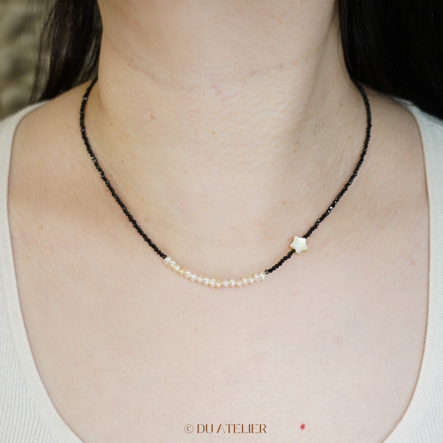 Natural Keshi Pearl with Black Spinel Necklace & Star Mother of Pearl