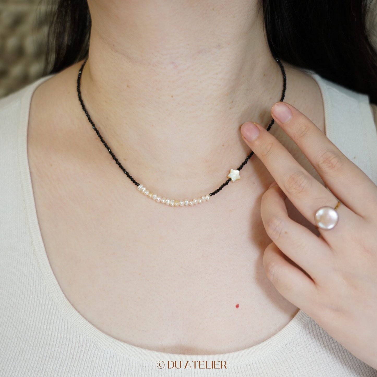 Natural Keshi Pearl with Black Spinel Necklace & Star Mother of Pearl