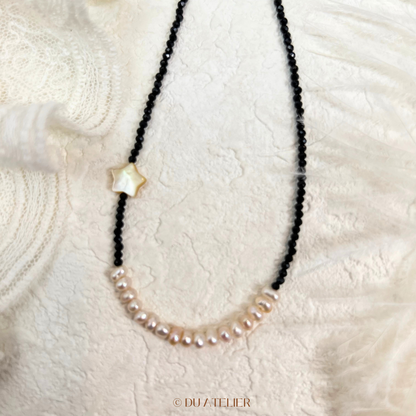 Natural Keshi Pearl with Black Spinel Necklace & Star Mother of Pearl