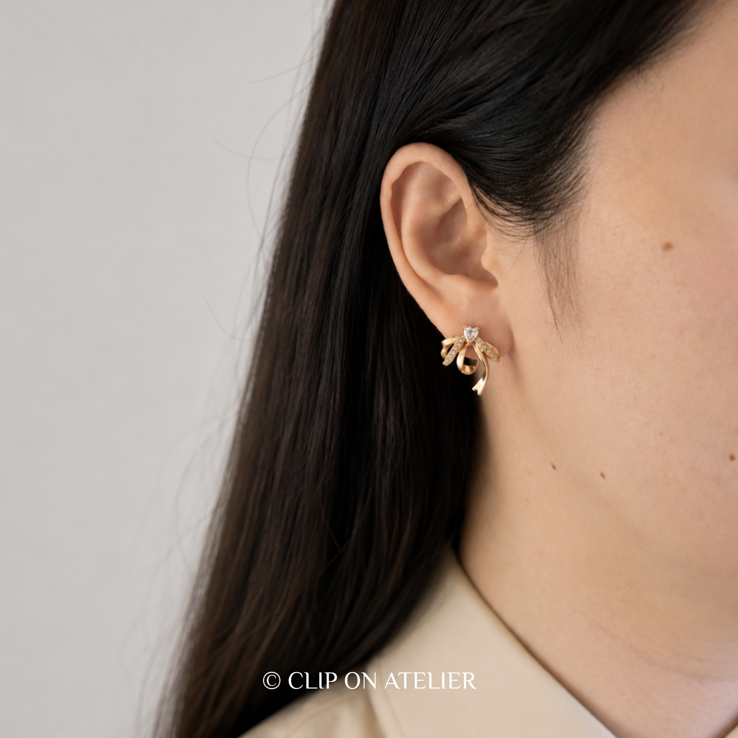 Crystal Heart Bow Clip-On Earrings