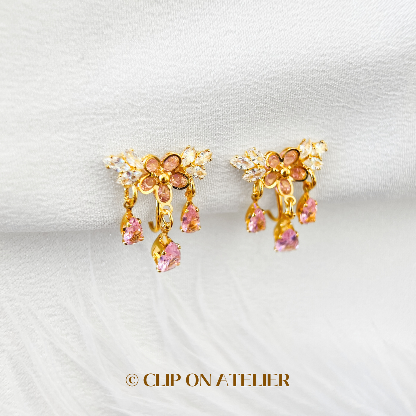 Luxe Pink Diamond Flower Dangle Clip On Earrings
