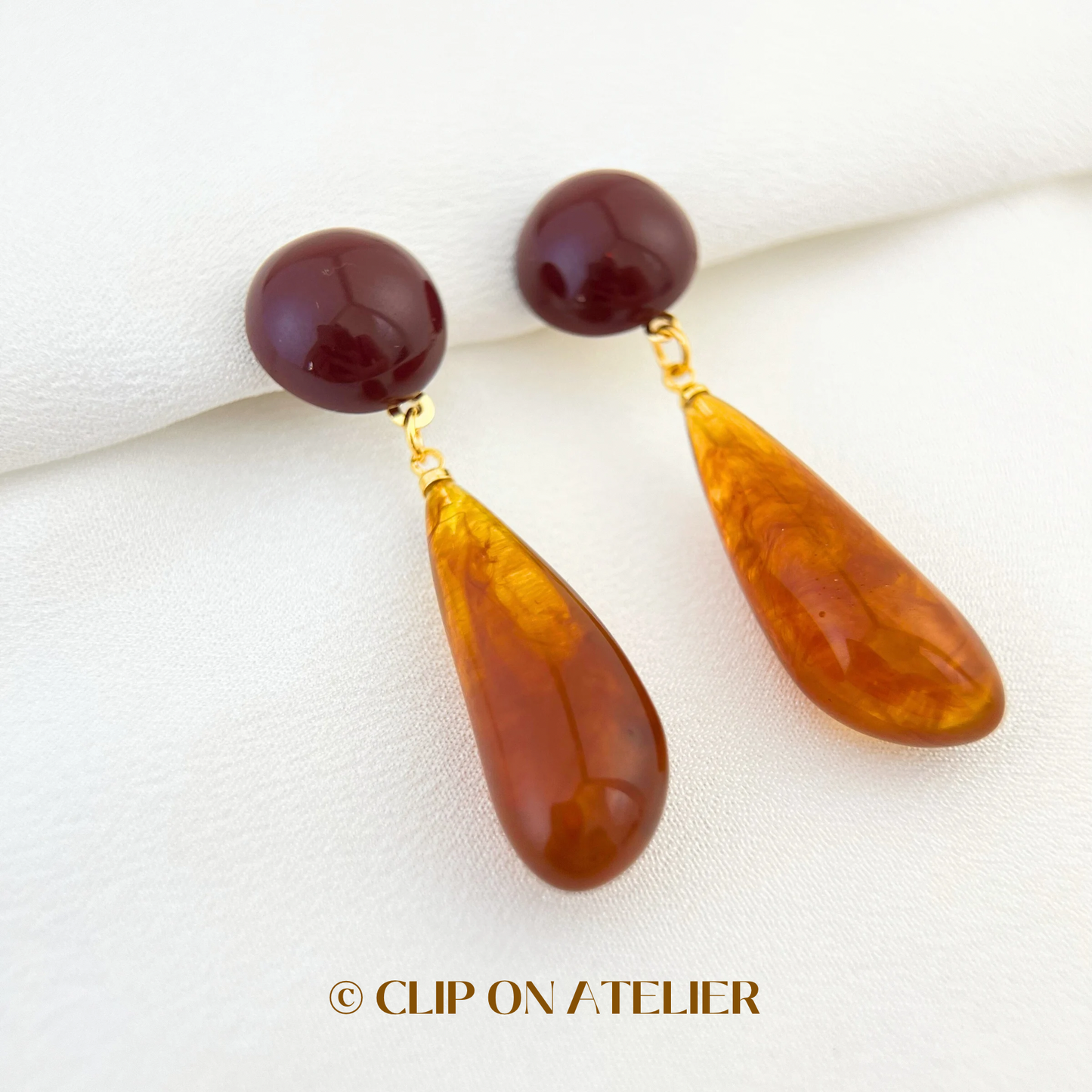 Artistic Retro Burgundy Resin Statement Clip On Earrings