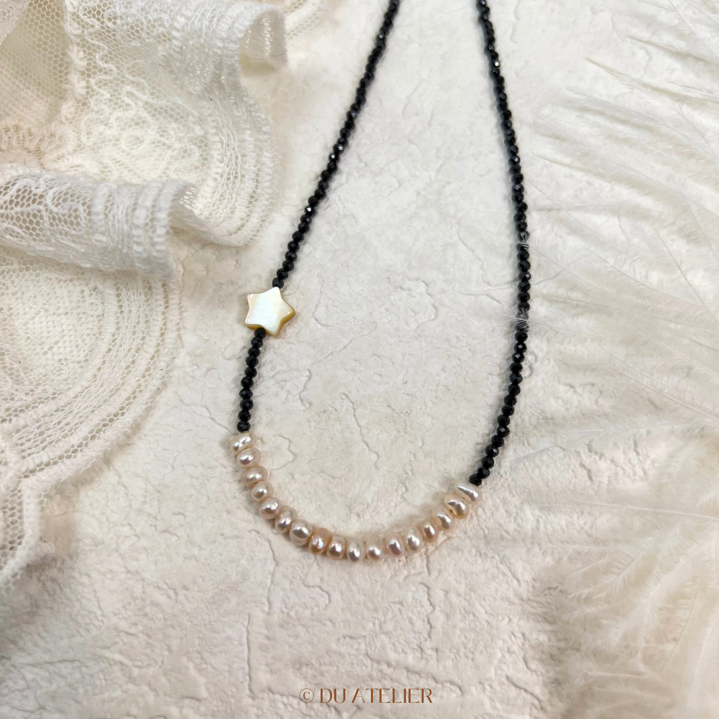 Natural Keshi Pearl with Black Spinel Necklace & Star Mother of Pearl