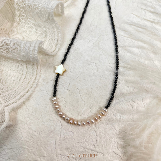 Natural Keshi Pearl with Black Spinel Necklace & Star Mother of Pearl