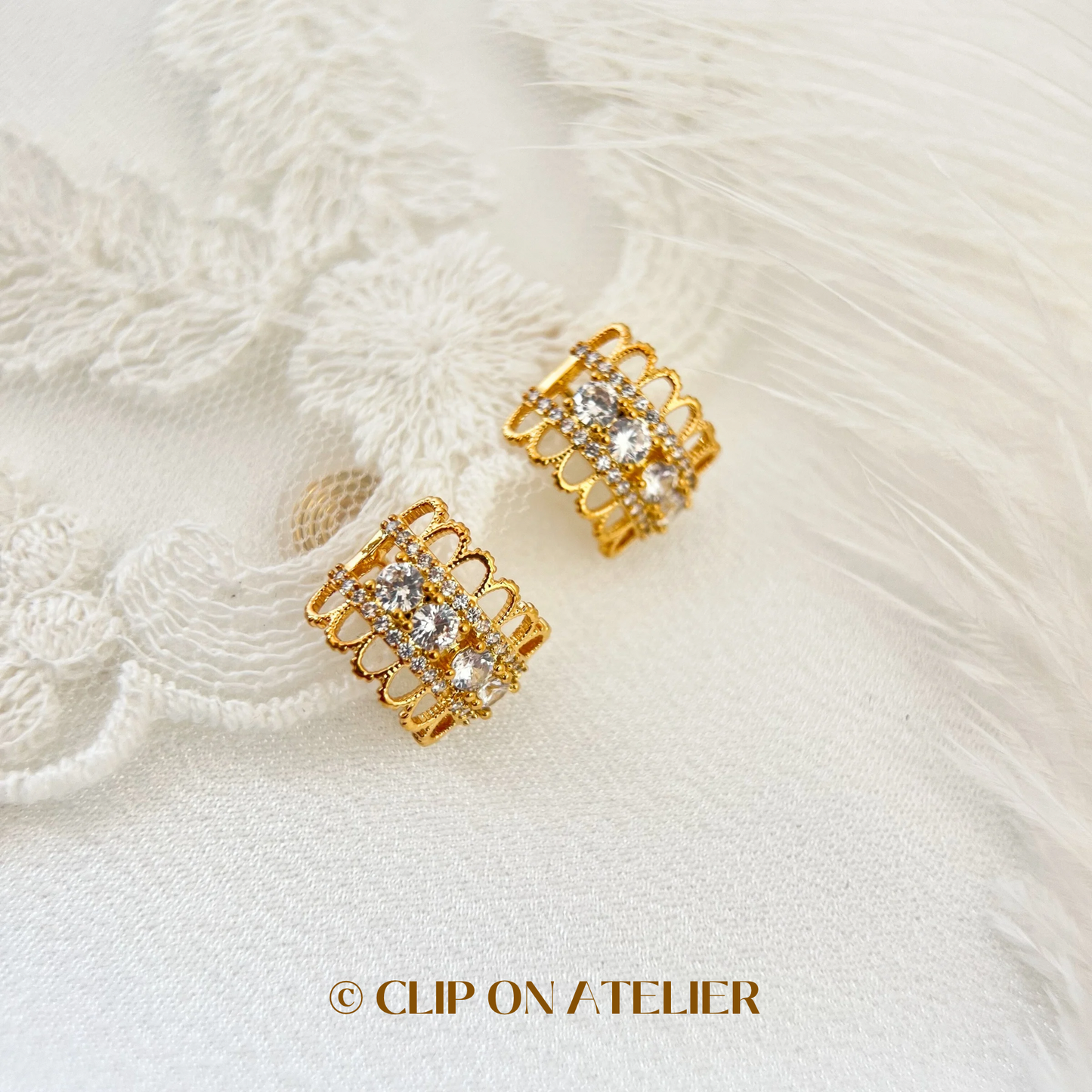 Gold / Silver Lace CZ Diamond Half Hoop Clip On Earrings