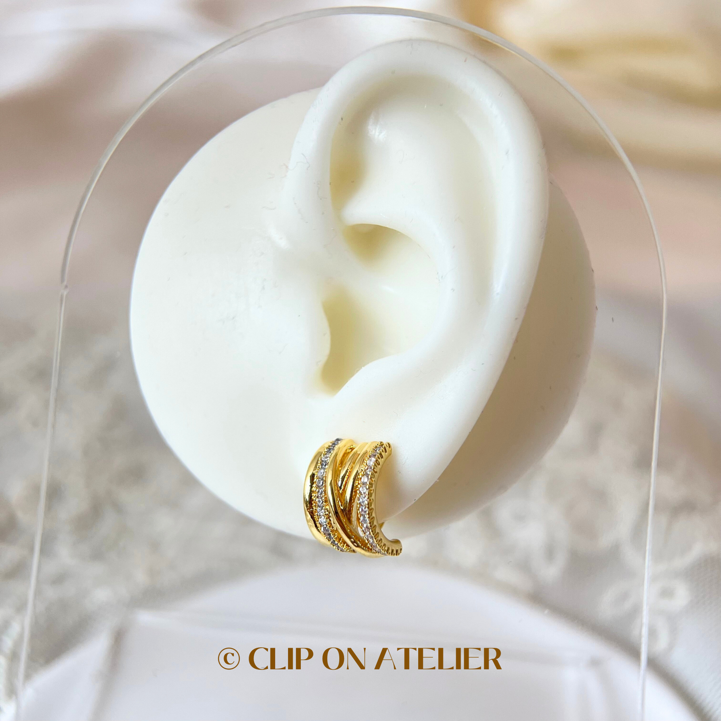 Gold Statement CZ Diamond Half Hoop Clip On Earrings