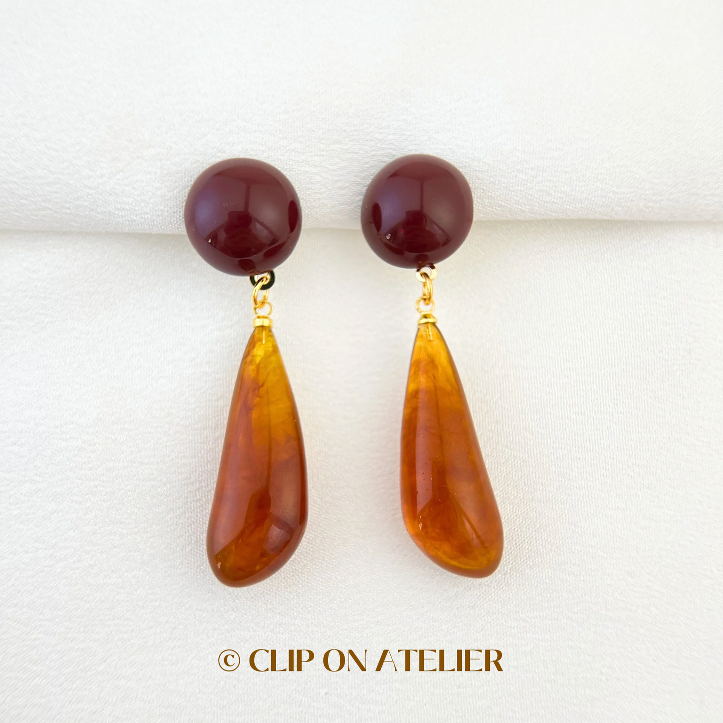 Artistic Retro Burgundy Resin Statement Clip On Earrings