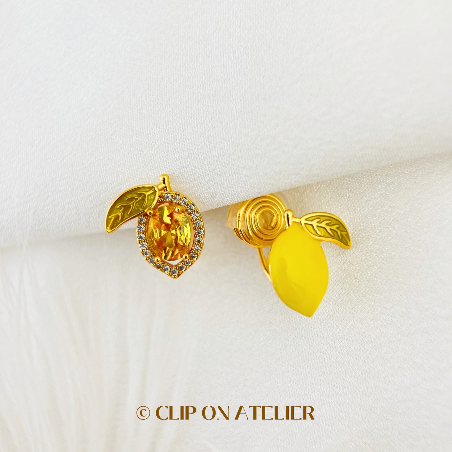 Mismatched Lemon CZ Diamonds Gold Clip On Earrings