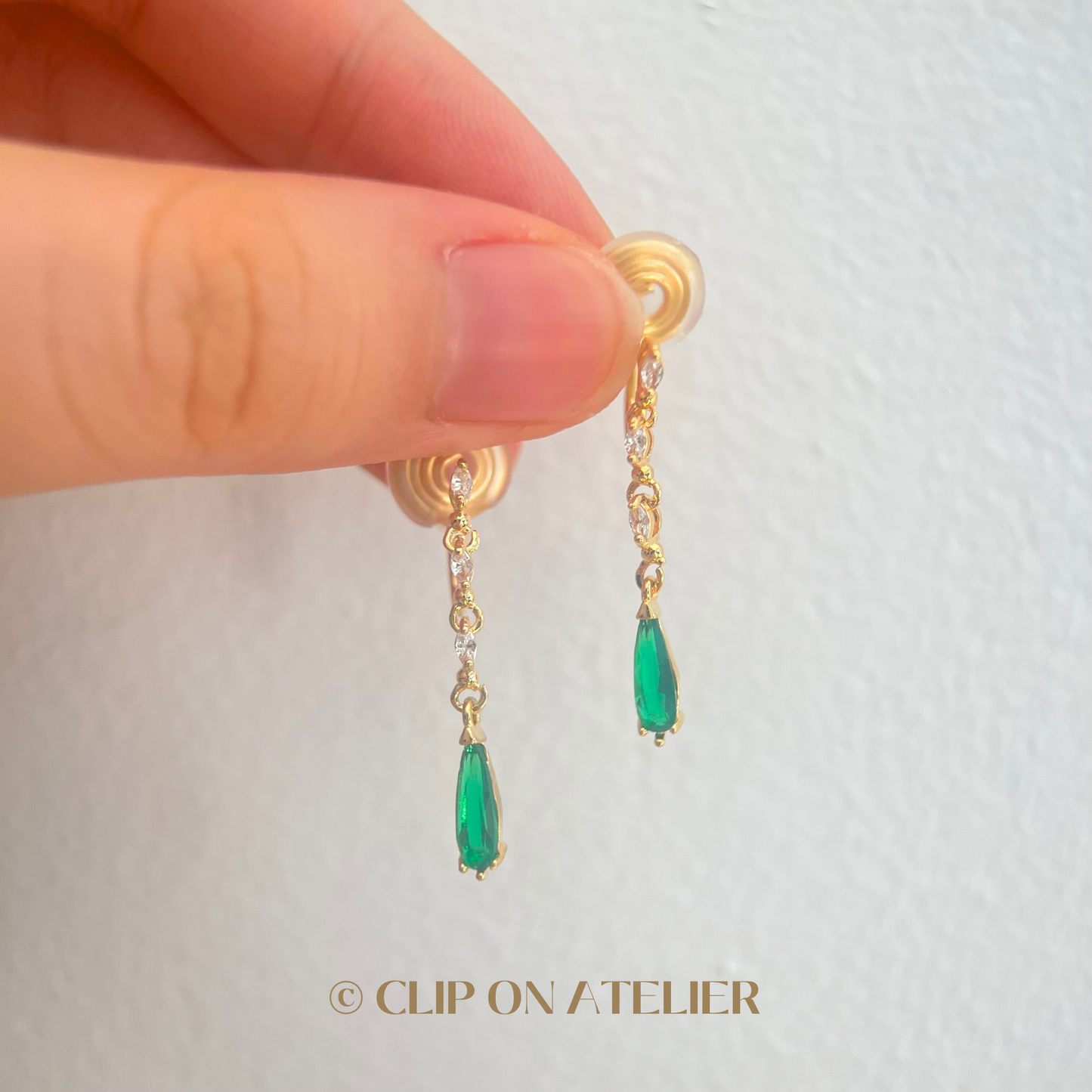 Green Emerald CZ Diamond Drop Clip On Earrings