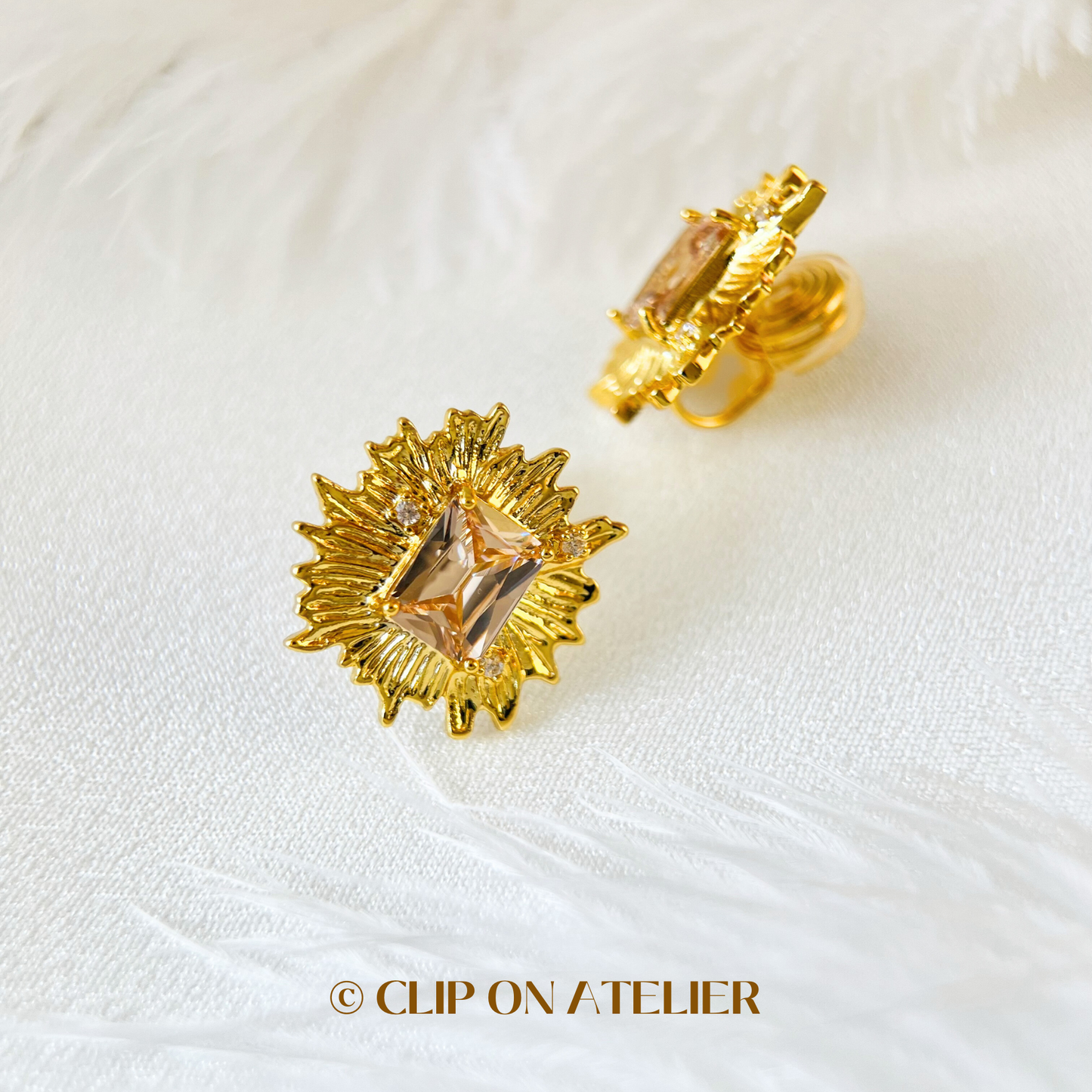 Luxe Statement Gold Sunburst w. Nude Pink CZ Diamond Clip On Earrings