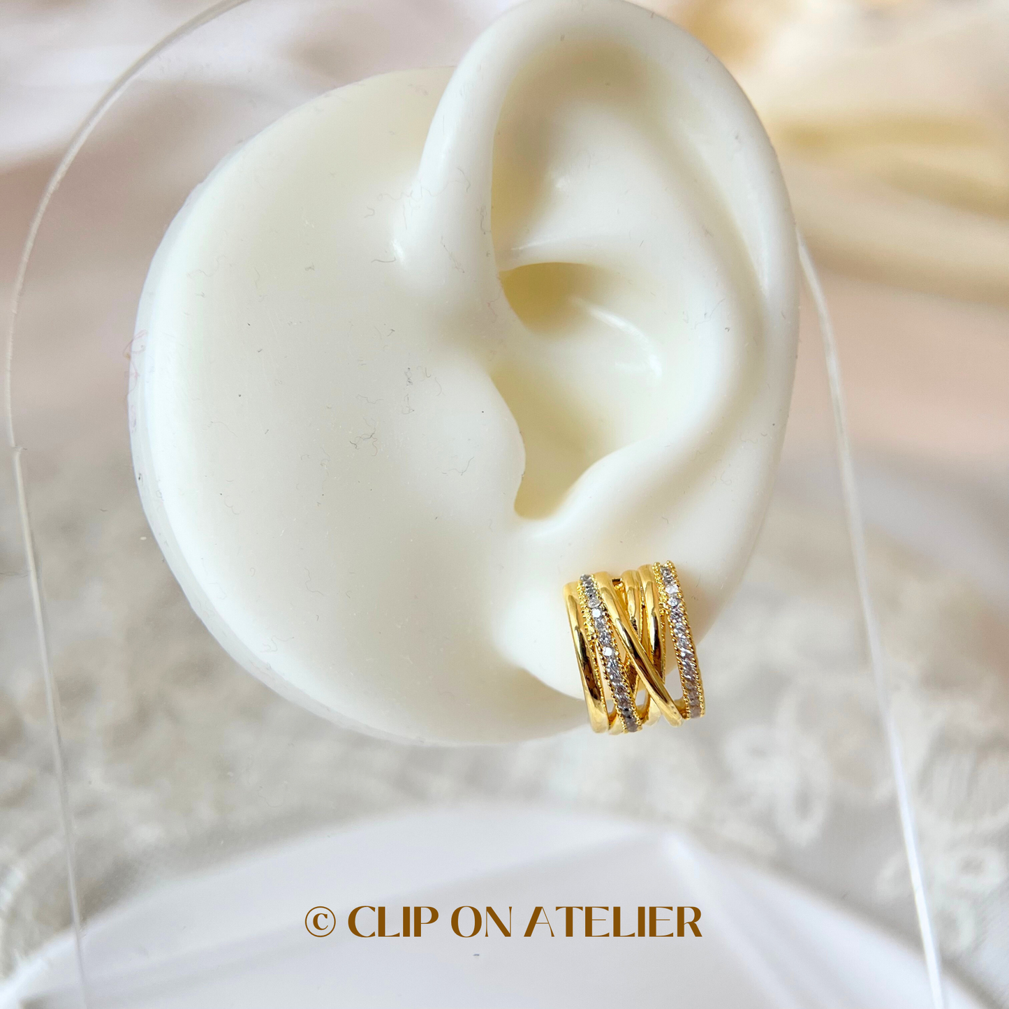 Gold Statement CZ Diamond Half Hoop Clip On Earrings