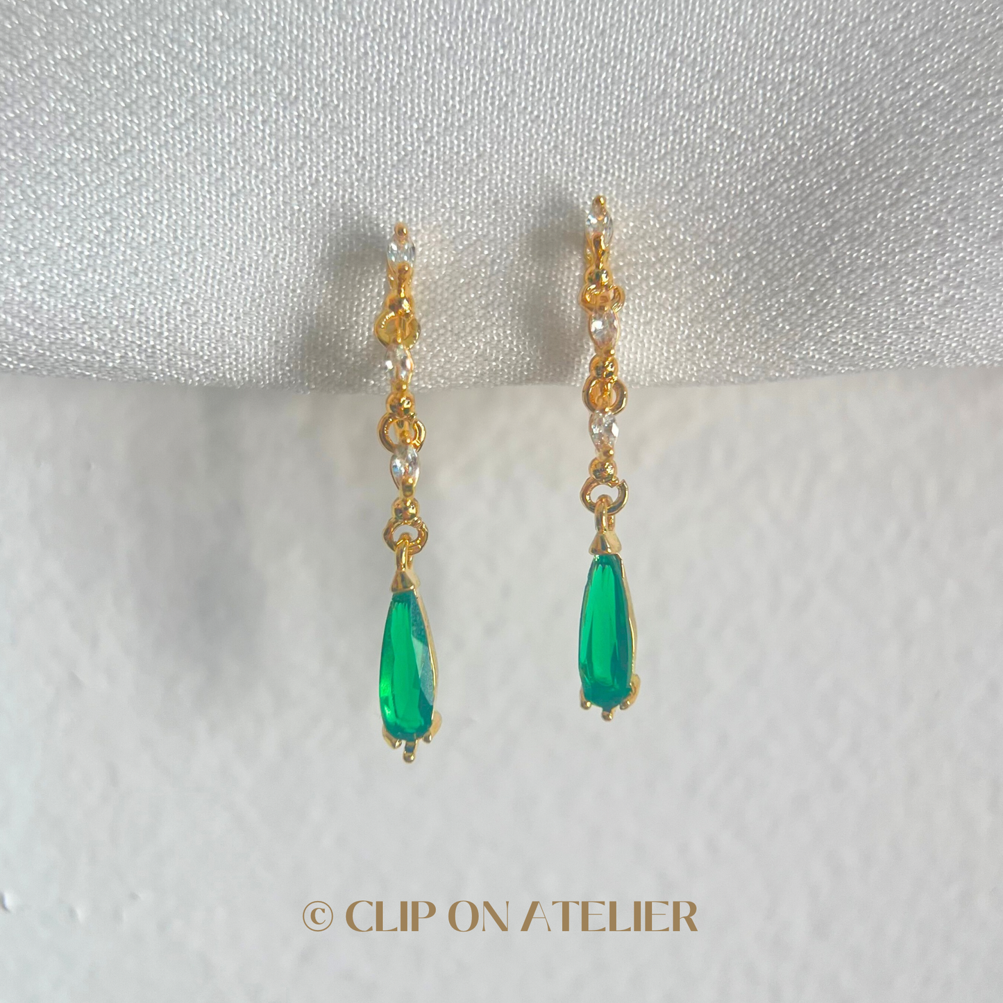 Green Emerald CZ Diamond Drop Clip On Earrings