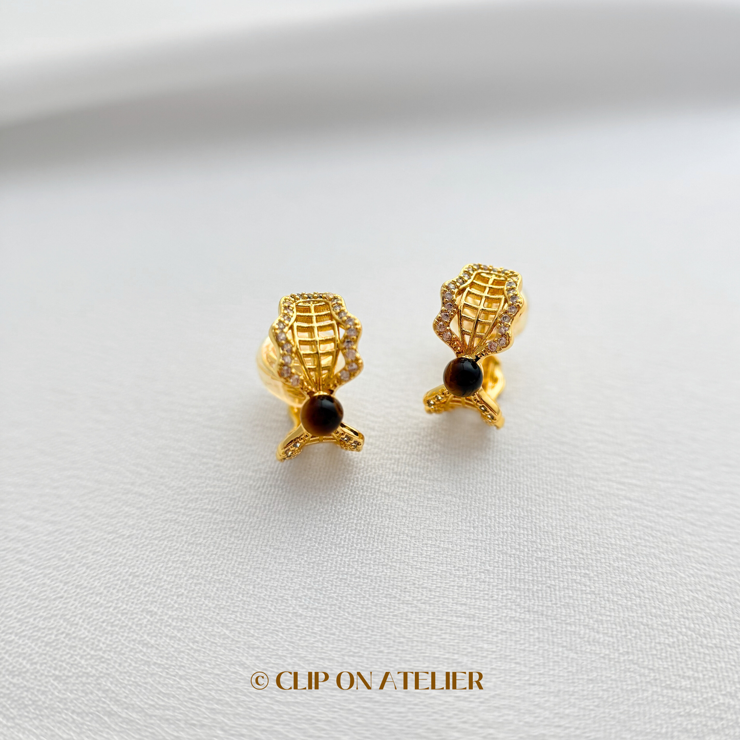 Tigers Eye Lace CZ Diamond Hoop Clip On Earrings