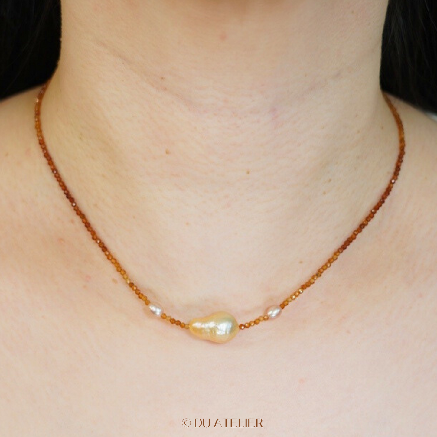 Natural Gold Baroque Pearl with Orange Garnet Necklace